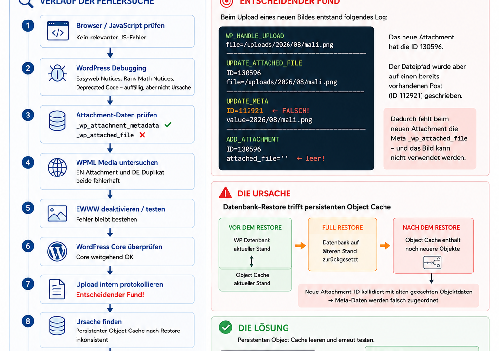 Infografik: WordPress Bilder nach Backup-Restore nicht auswählbar – Fehlersuche & Lösung mit Object Cache