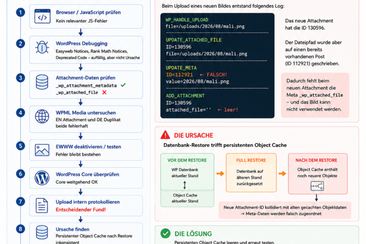 Infografik: WordPress Bilder nach Backup-Restore nicht auswählbar – Fehlersuche & Lösung mit Object Cache