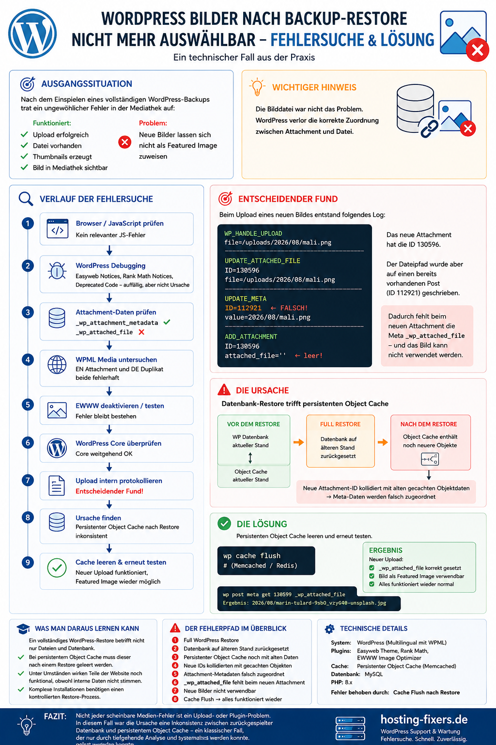 Infografik: WordPress Bilder nach Backup-Restore nicht auswählbar – Fehlersuche & Lösung mit Object Cache